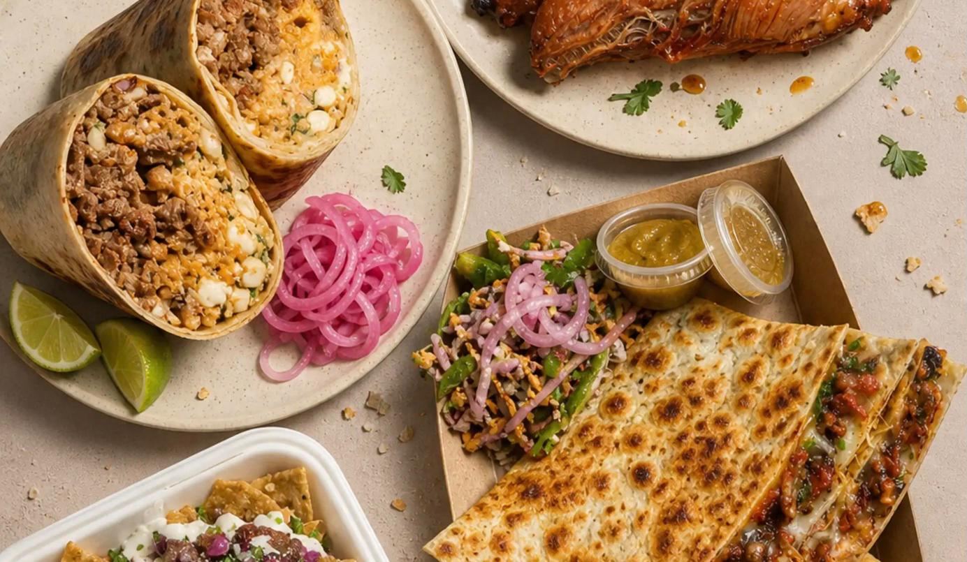 Burritos, quesadillas and nachos on the table